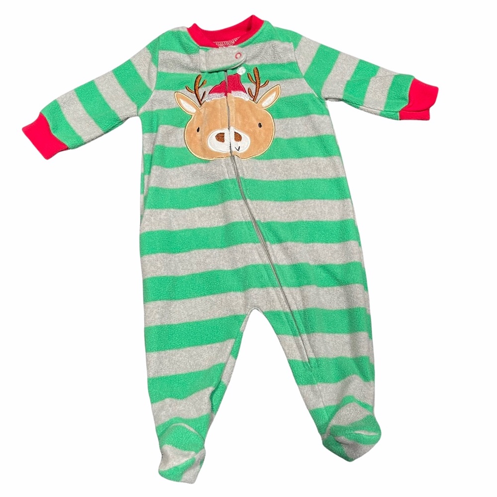 Santa Hatted Reindeer Christmas Fleece Baby Pajamas size 0-3 Months Bon Bebe